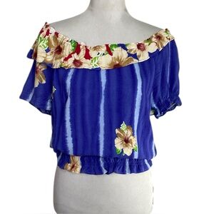 Jams World Blue Striped Floral Off The Shoulder Short Sleeve Top Size Small